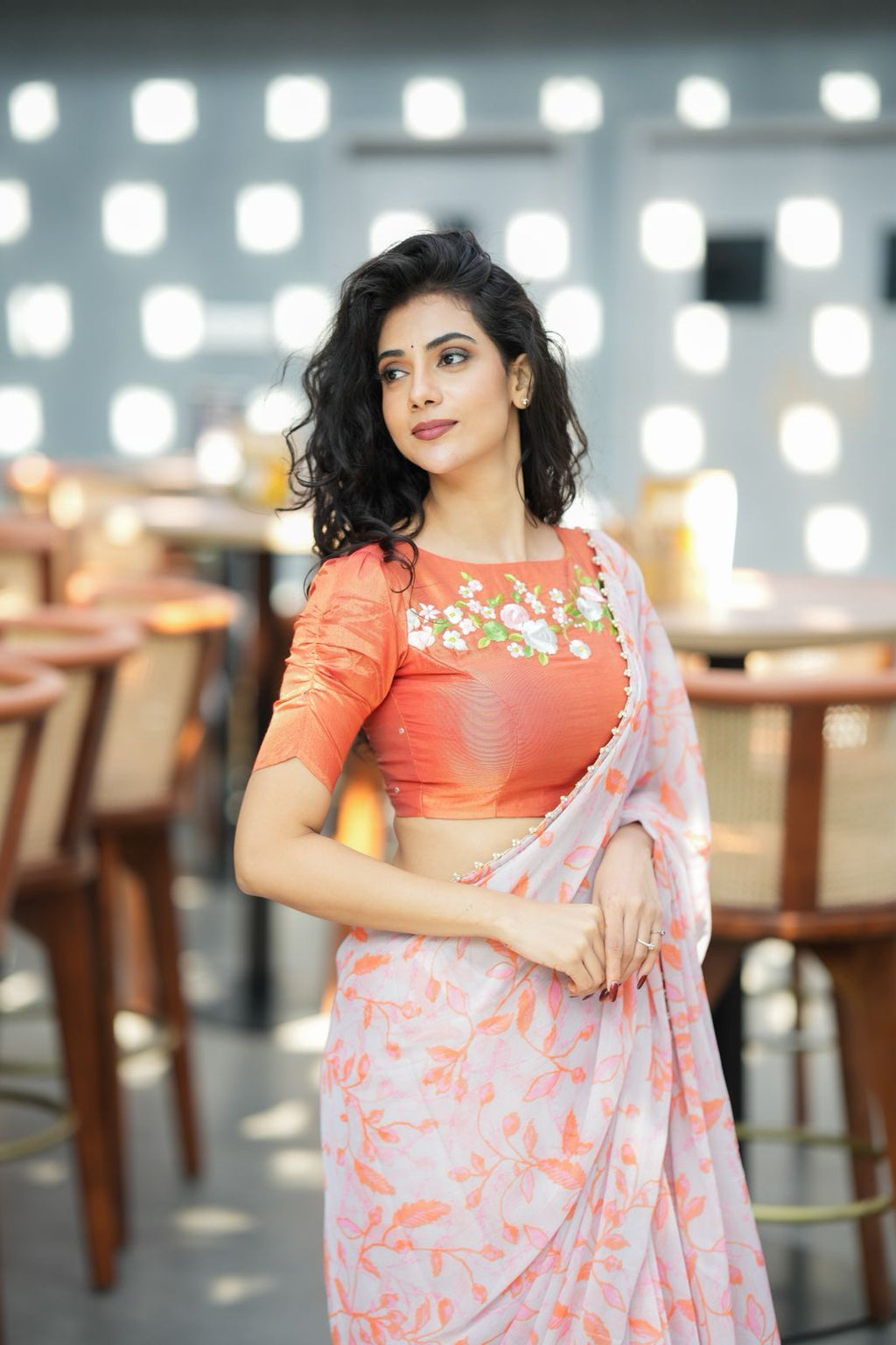 Reddish orange tissue floral hand work blouse(only blouse)