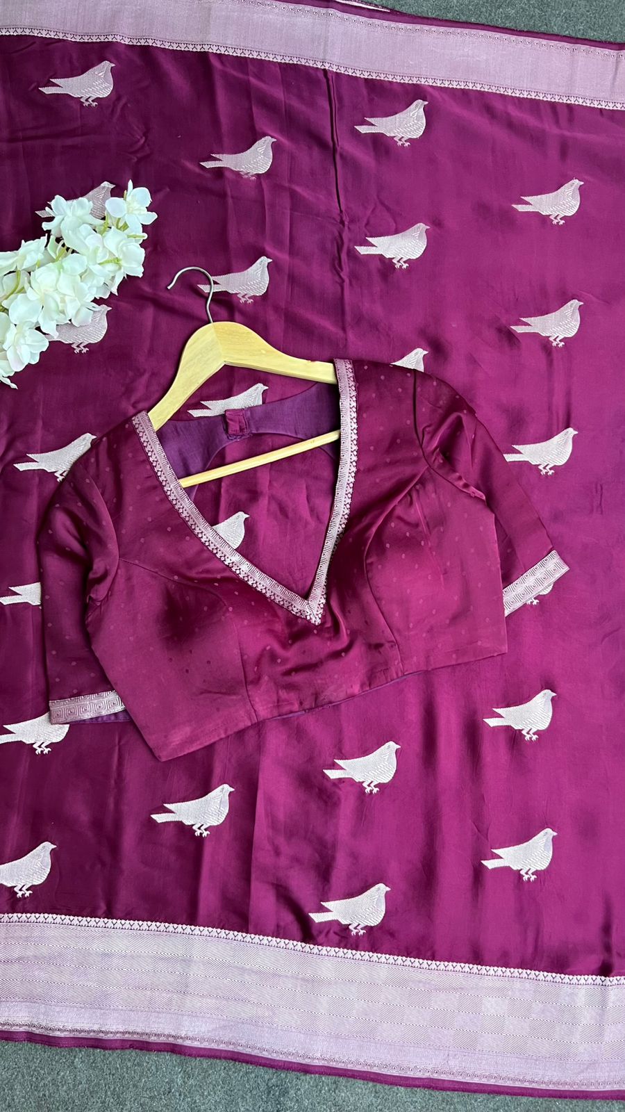 Wine malai silk saree with zari work blouse