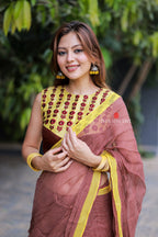 Brown jute saree with banarasi hand work blouse