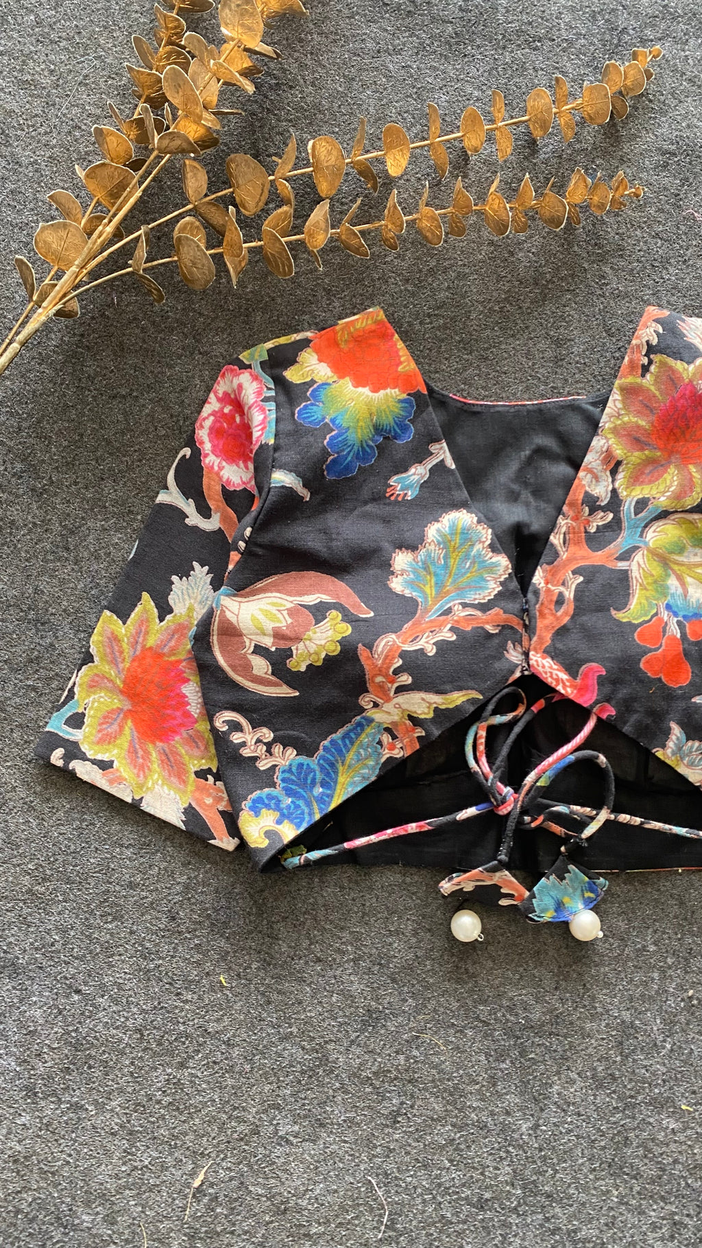 Black floral printed cotton blouse