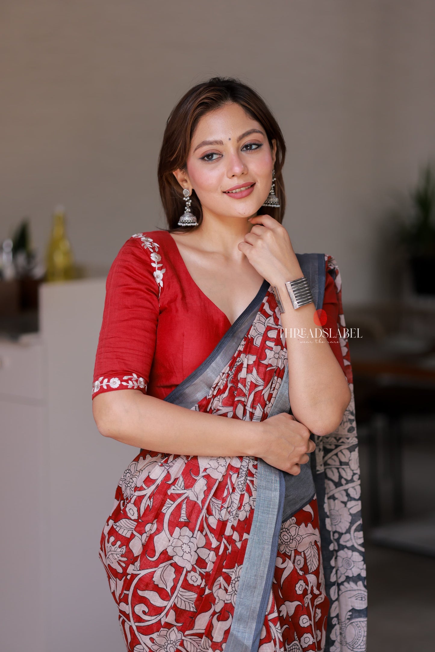 Reddish maroon linen cotton kalamkari saree with embroidery blouse