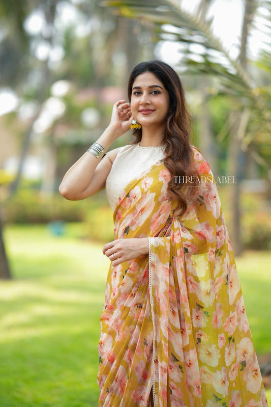Fenugreek chiffon floral saree with linen mirror blouse