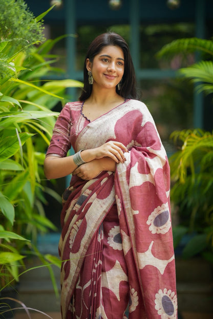 Brown linen floral saree with hand work blouse