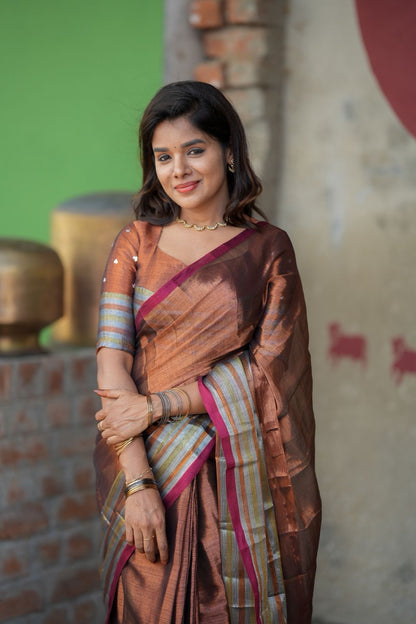 Copper soft tissue saree with handwork blouse