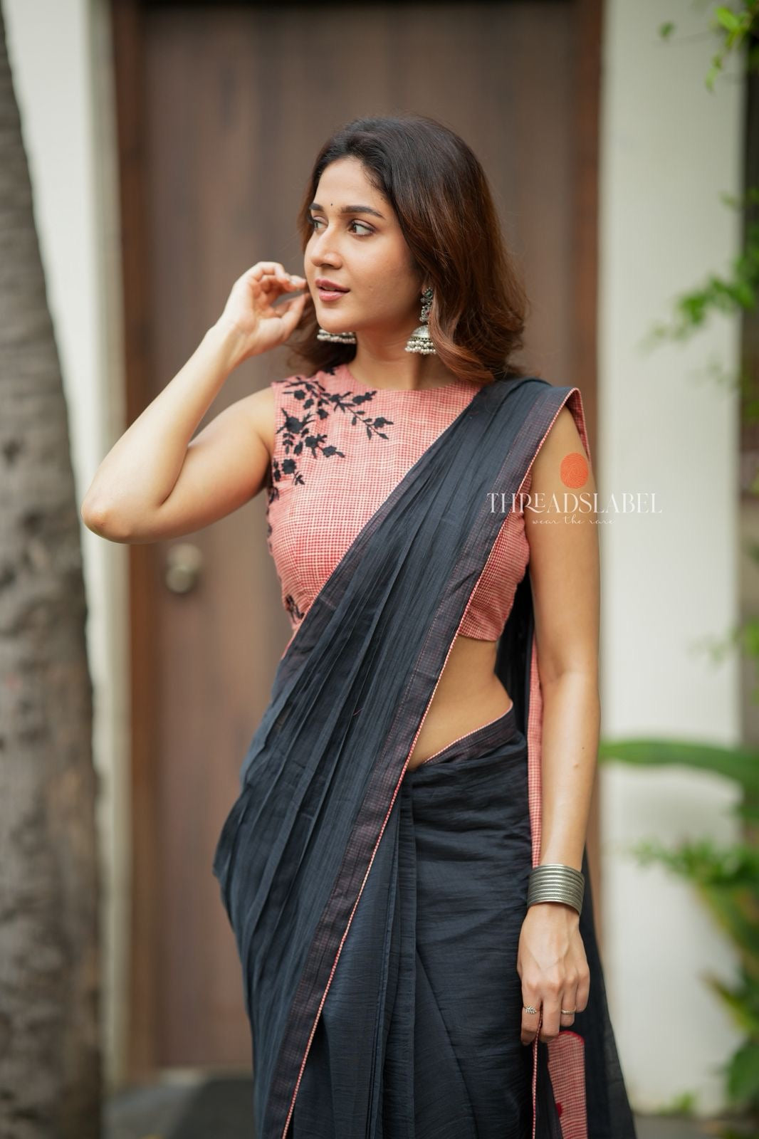 Black mul chanderi saree with pink embroidery blouse