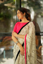 Half white mul cotton kalamkari saree with handwork blouse