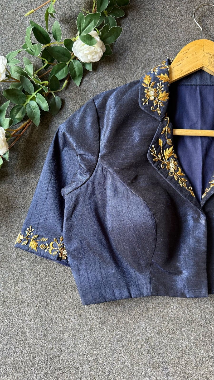 Midnight blue silk collar hand worked blouse