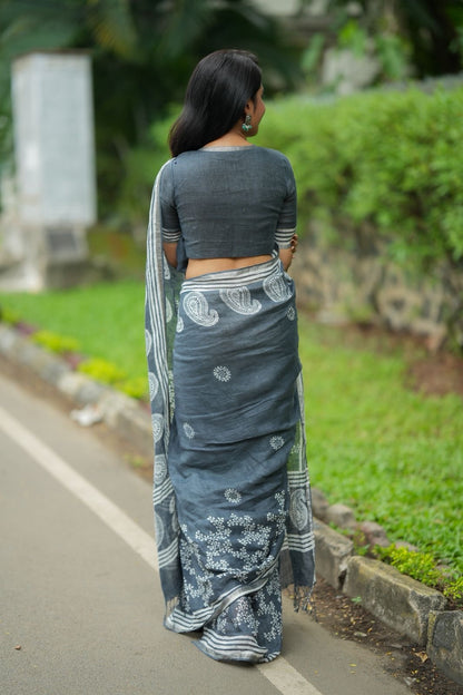Grey linen floral printed designer saree