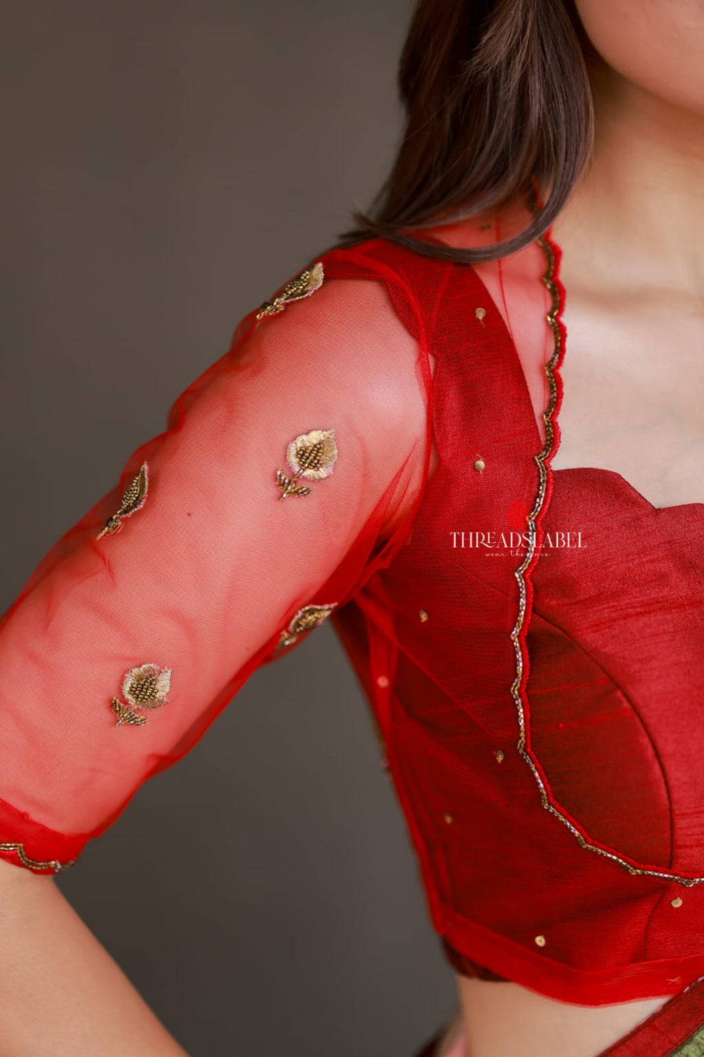 Red cotton kota saree with hand work blouse