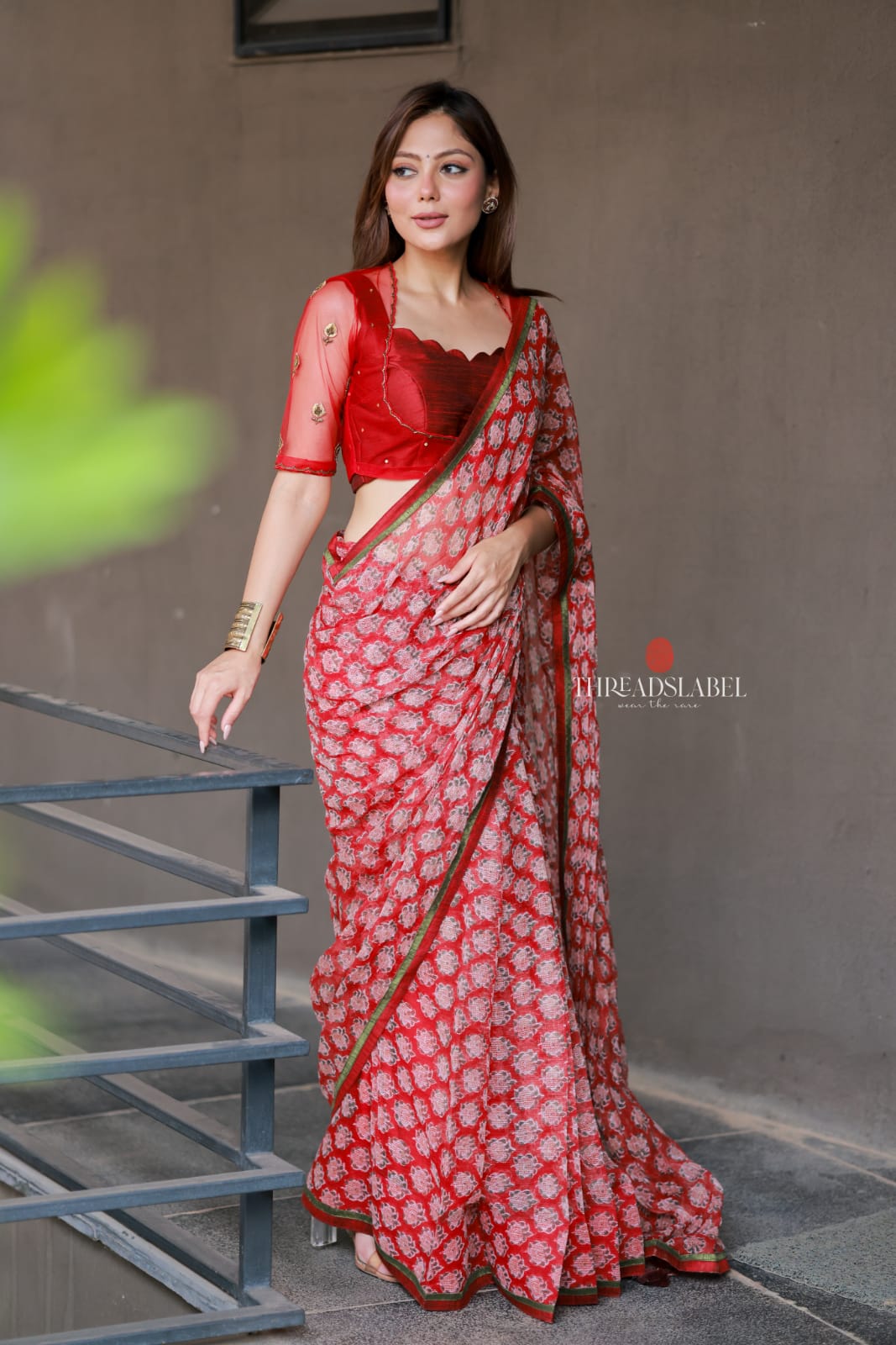 Red cotton kota saree with hand work blouse