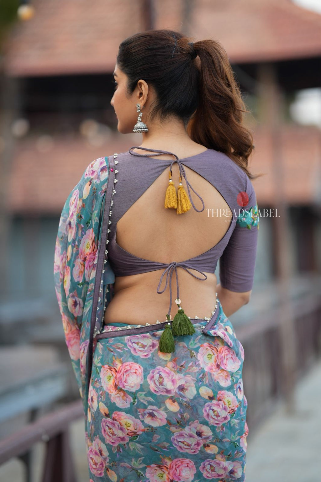 Blue floral georgette saree with grey embroidery blouse