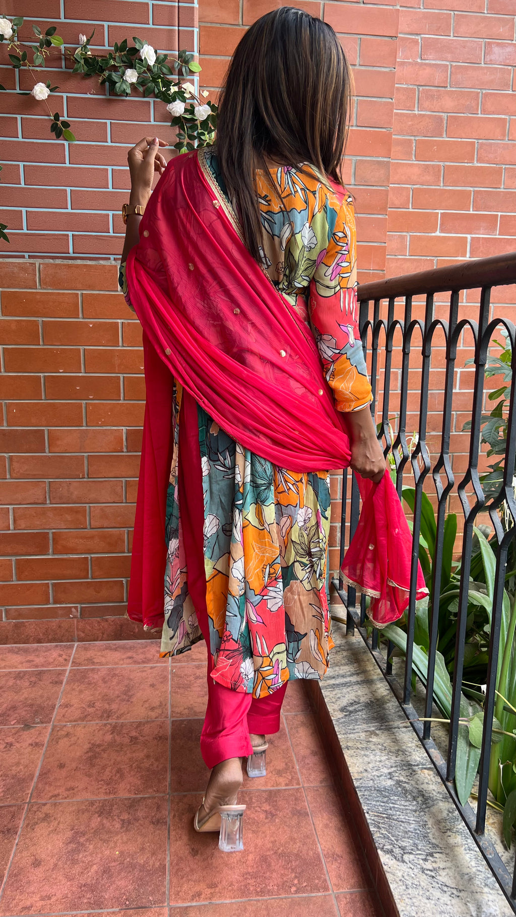 Chinnon floral printed 3 piece alia cut kurti suit
