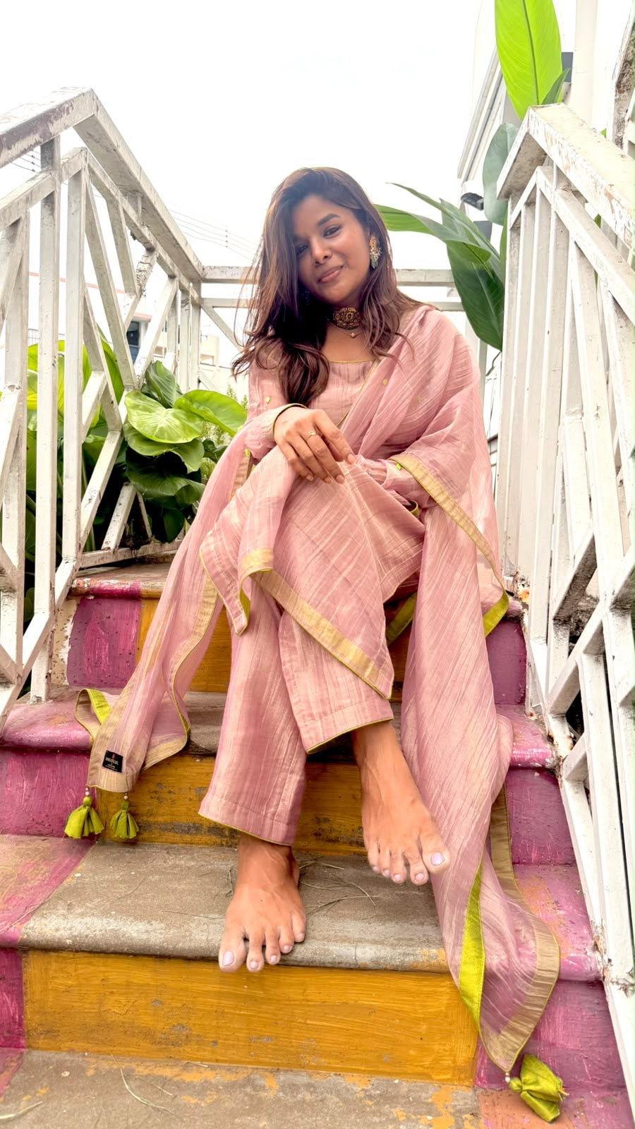 Pink tissue embroidery salwar