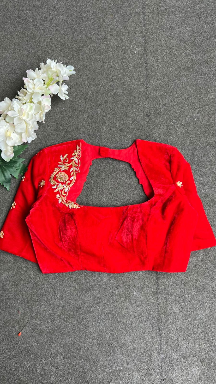 Red velvet heavy hand work blouse