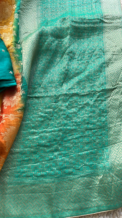 Yellow & orange banarasi saree with blue handworked blouse