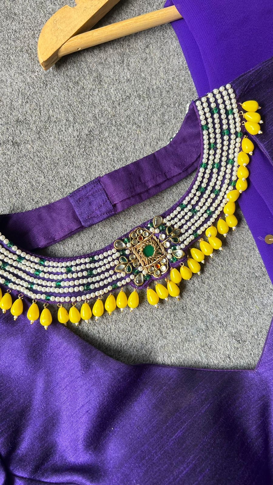 purple jewel neck hand worked blouse