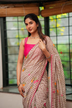 Brown checked mul cotton saree with hand work blouse