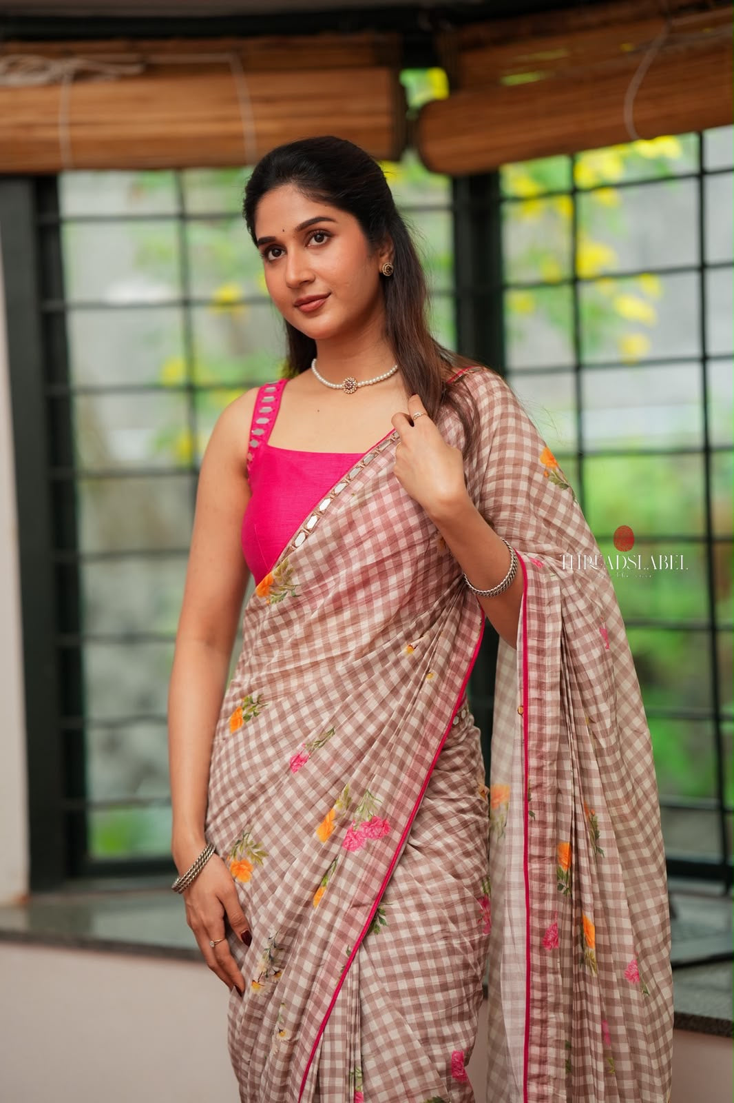 Brown checked mul cotton saree with hand work blouse