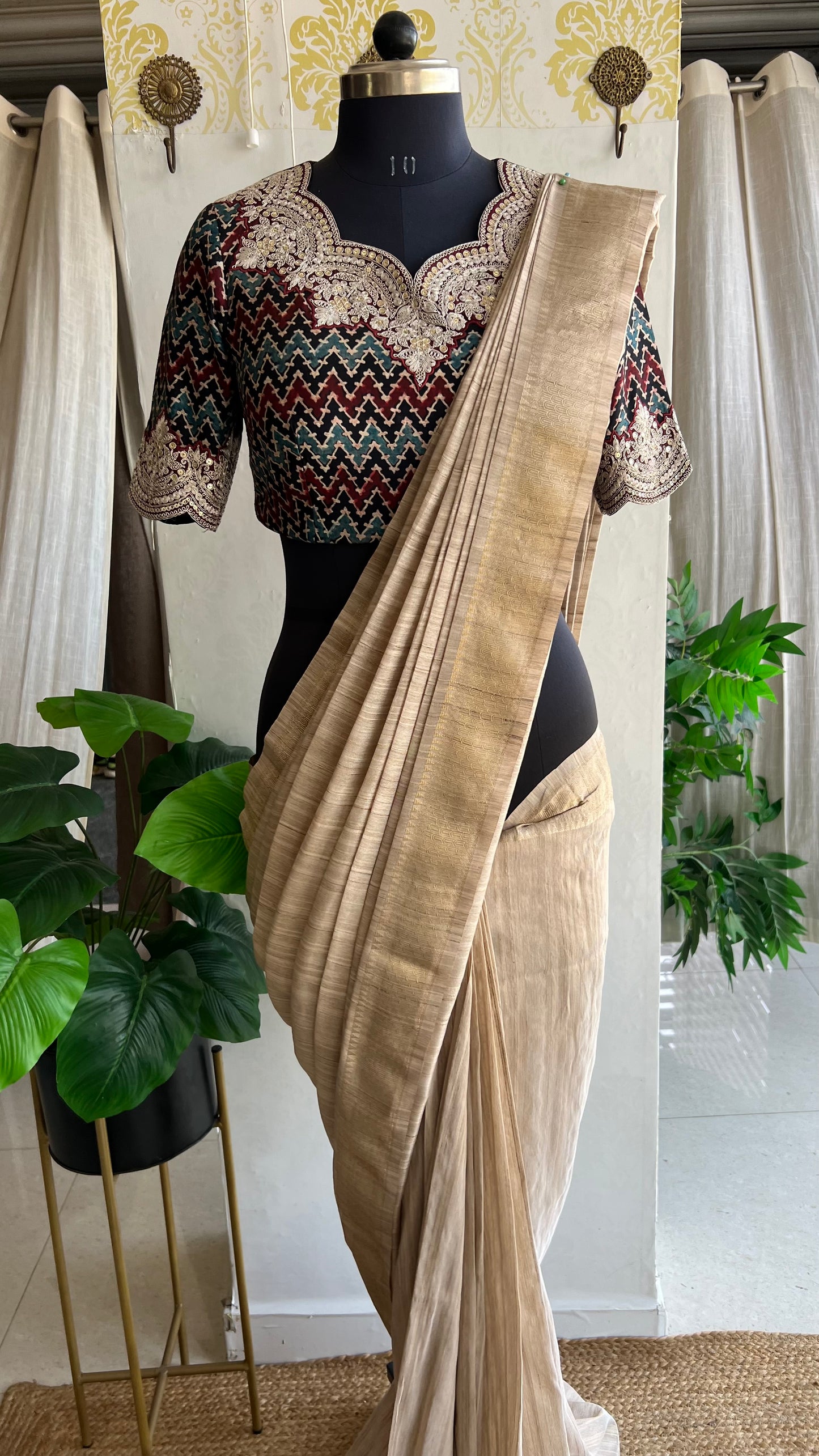 Golden cream tissue saree with ajrak embroidery blouse