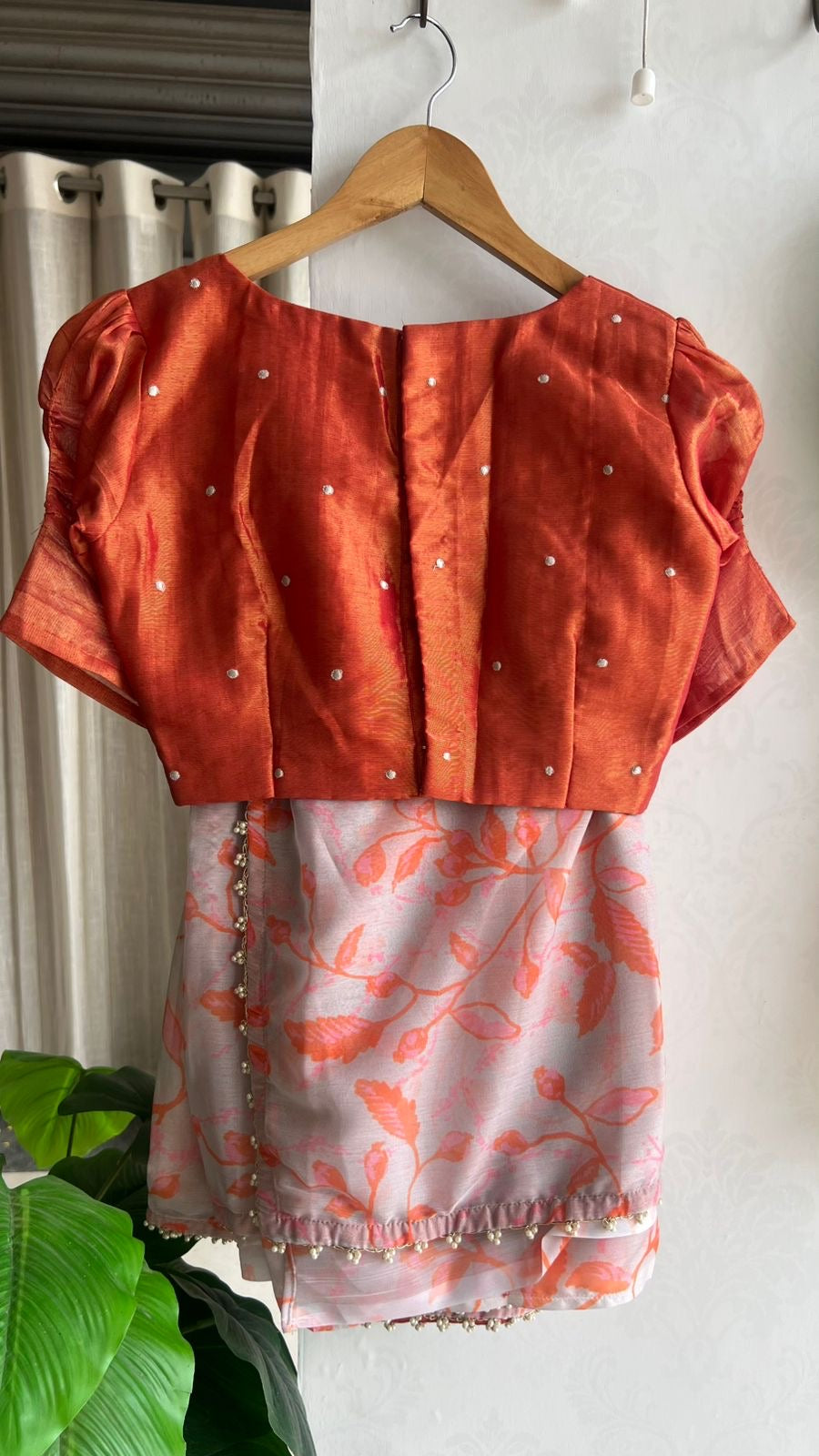 Reddish orange tissue floral hand work blouse(only blouse)