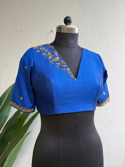 Blue silk shoulder hand worked blouse