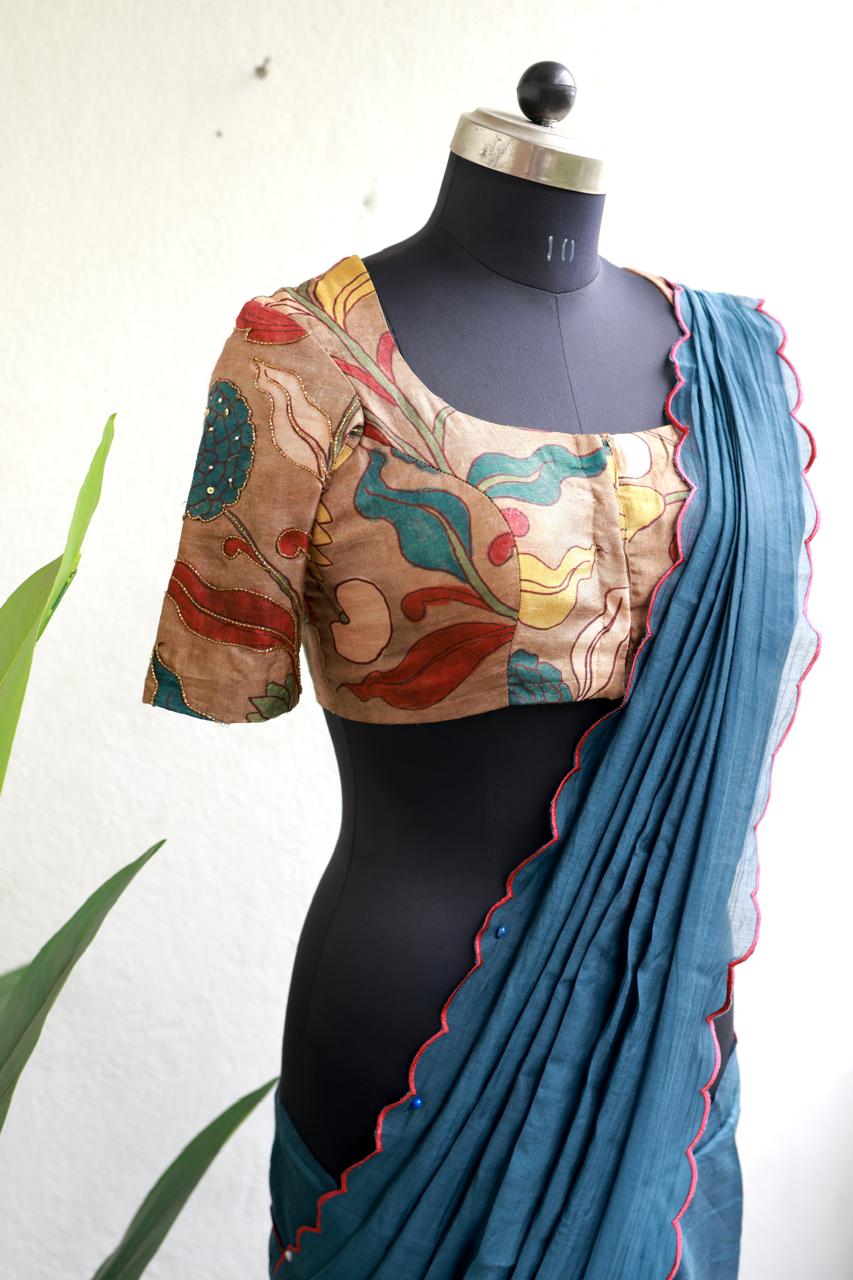 Blue malai cotton saree with kalamkari handwork blouse