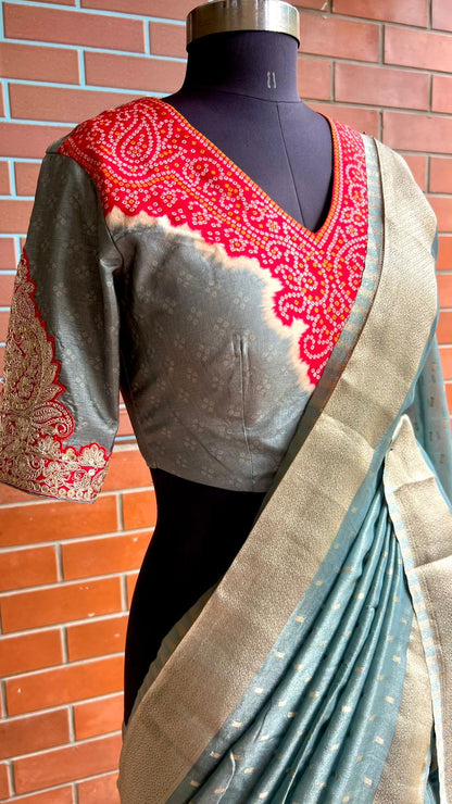 Grey banarasi saree with heavy embroidery blouse
