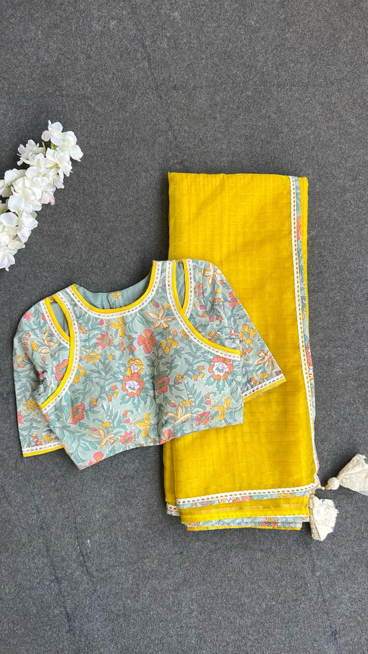 Yellow checked organza with floral cotton blouse