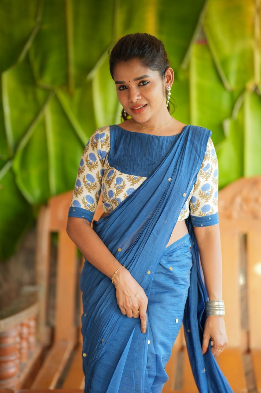 Blue malai chanderi saree with floral print blouse