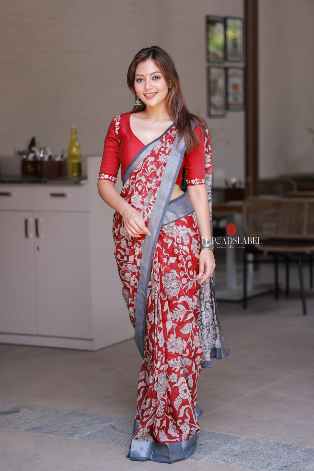Reddish maroon linen cotton kalamkari saree with embroidery blouse