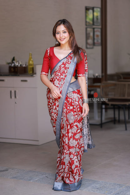 Reddish maroon linen cotton kalamkari saree with embroidery blouse