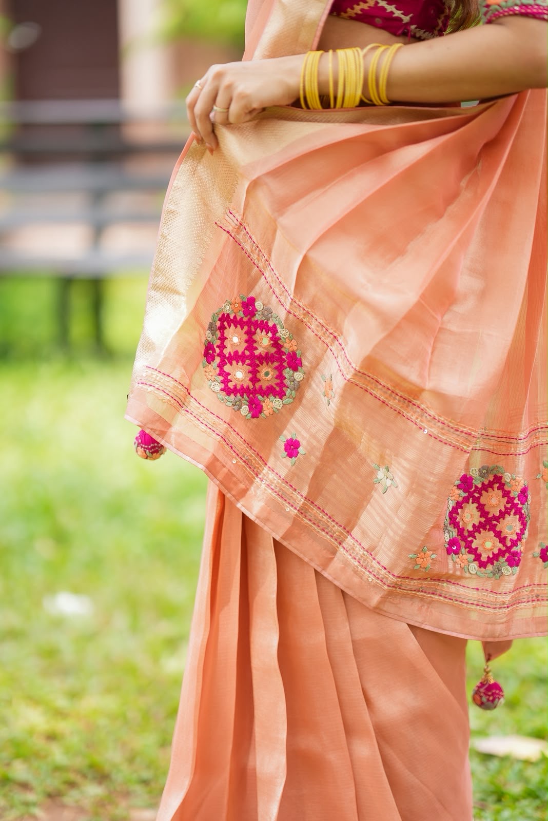 Peach banarasi saree with silk hand work blouse