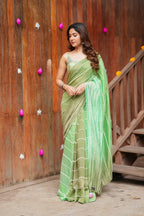 Multi Green Mul Chanderi Saree with Handwork Blouse