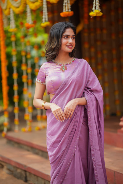 Lavender marble saree with Jewel neck handwork blouse