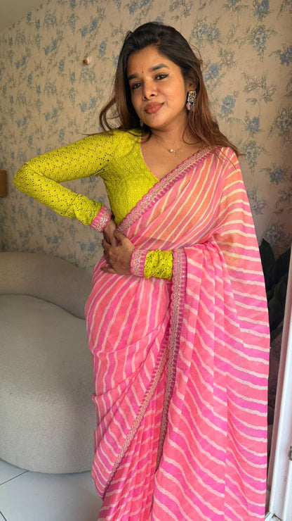 Pink lehariya saree with green hakoba embroidery blouse