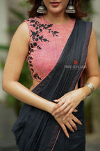 Black mul chanderi saree with pink embroidery blouse