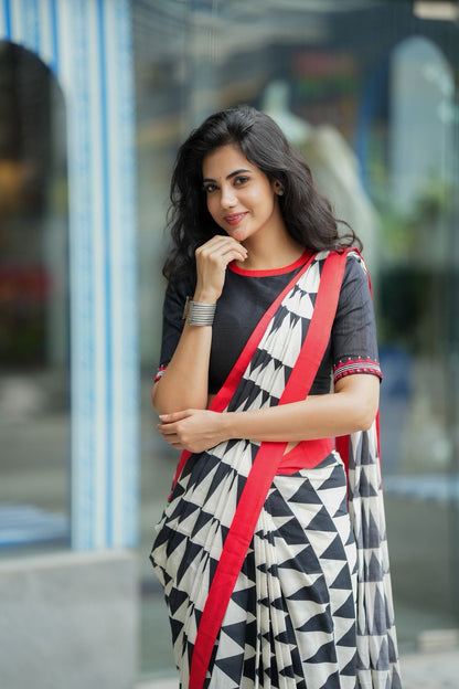 Black & white triangle saree with black hand work blouse