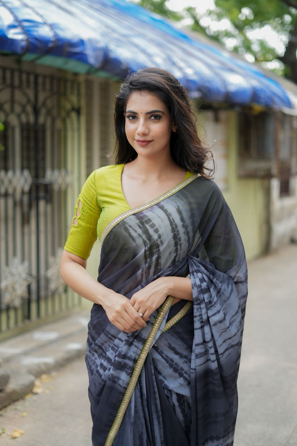 Blue grey georgette saree with silk hand work blouse