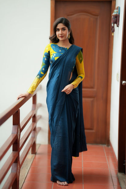 Deep blue marble silk saree with embroidery blouse