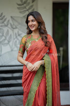 Orange rust mul cotton saree with kalamkari mirror blouse
