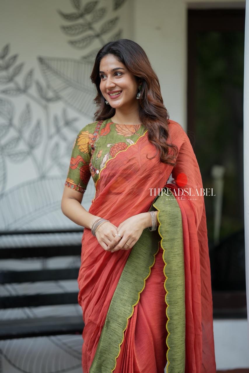 Orange rust mul cotton saree with kalamkari mirror blouse