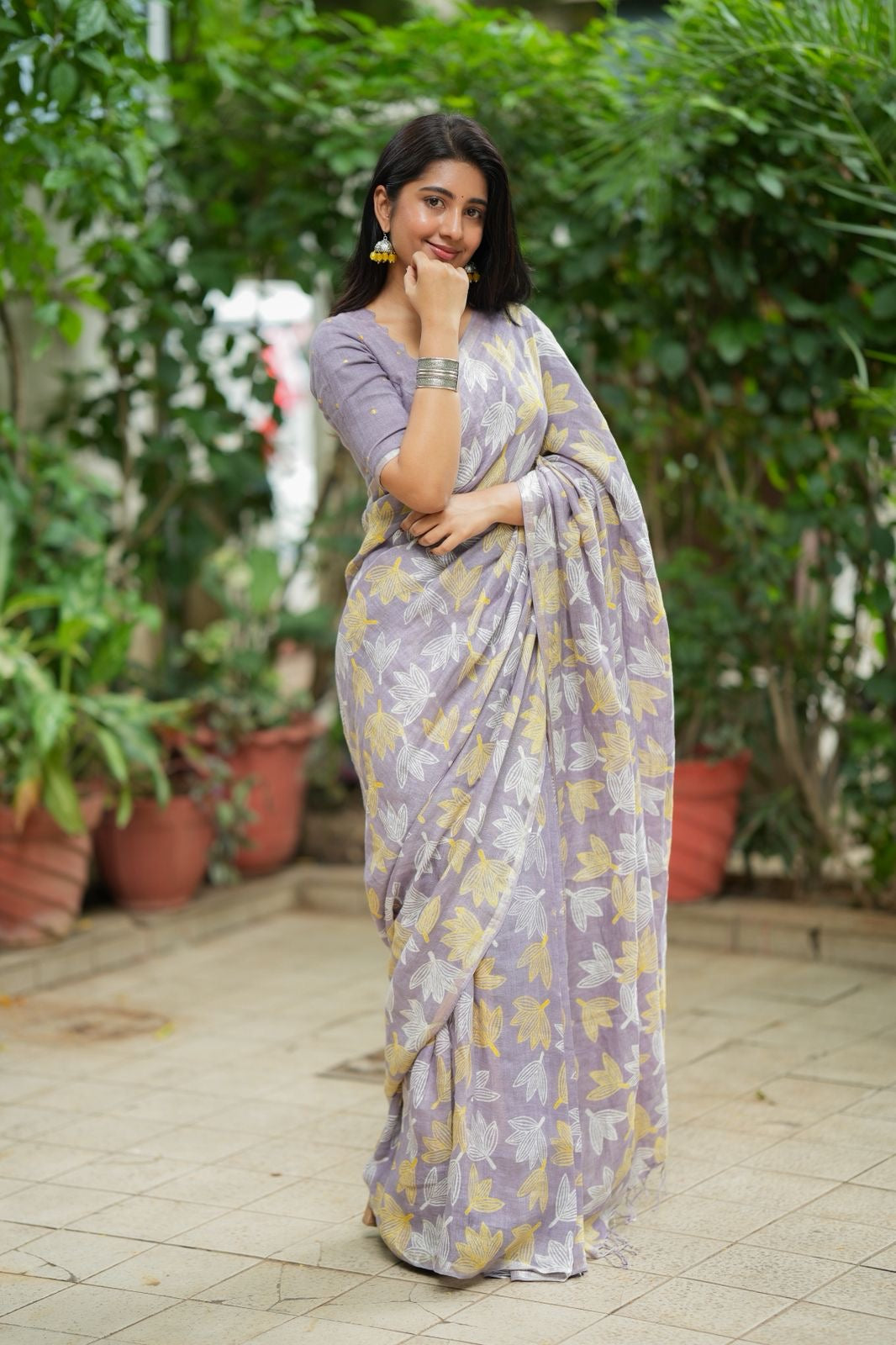 Lavender linen floral saree with hand work blouse