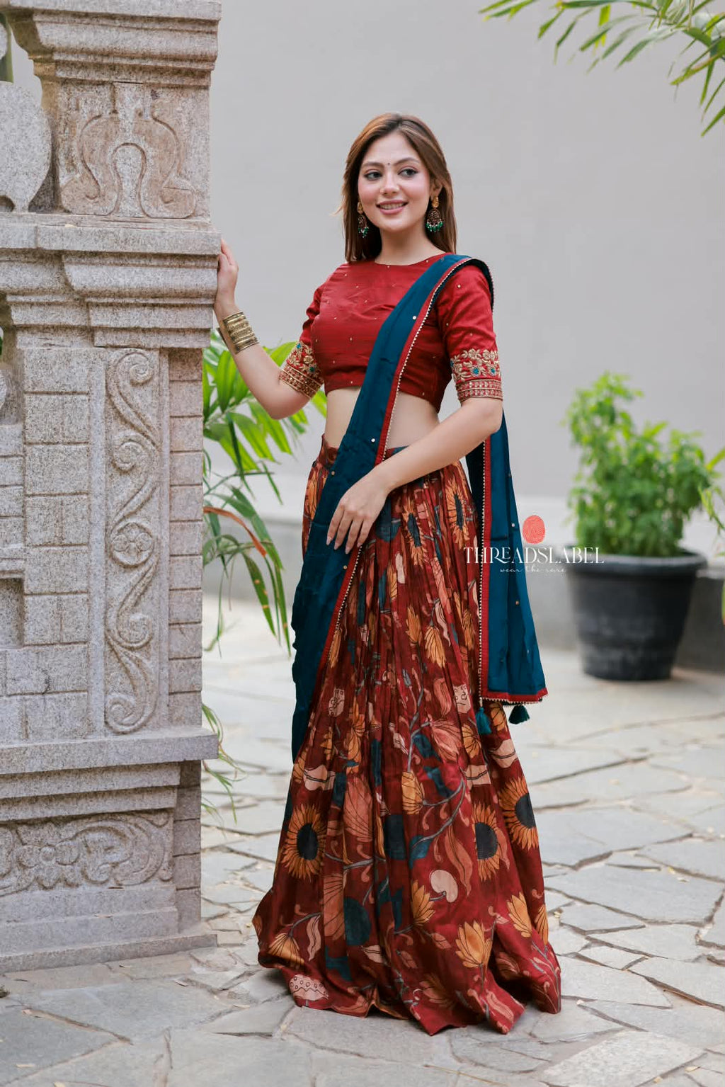 Maroon kalamkari handwork lehenga