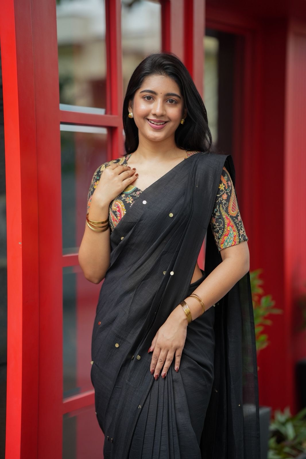 Black malai chanderi saree with heavy embroidery blouse
