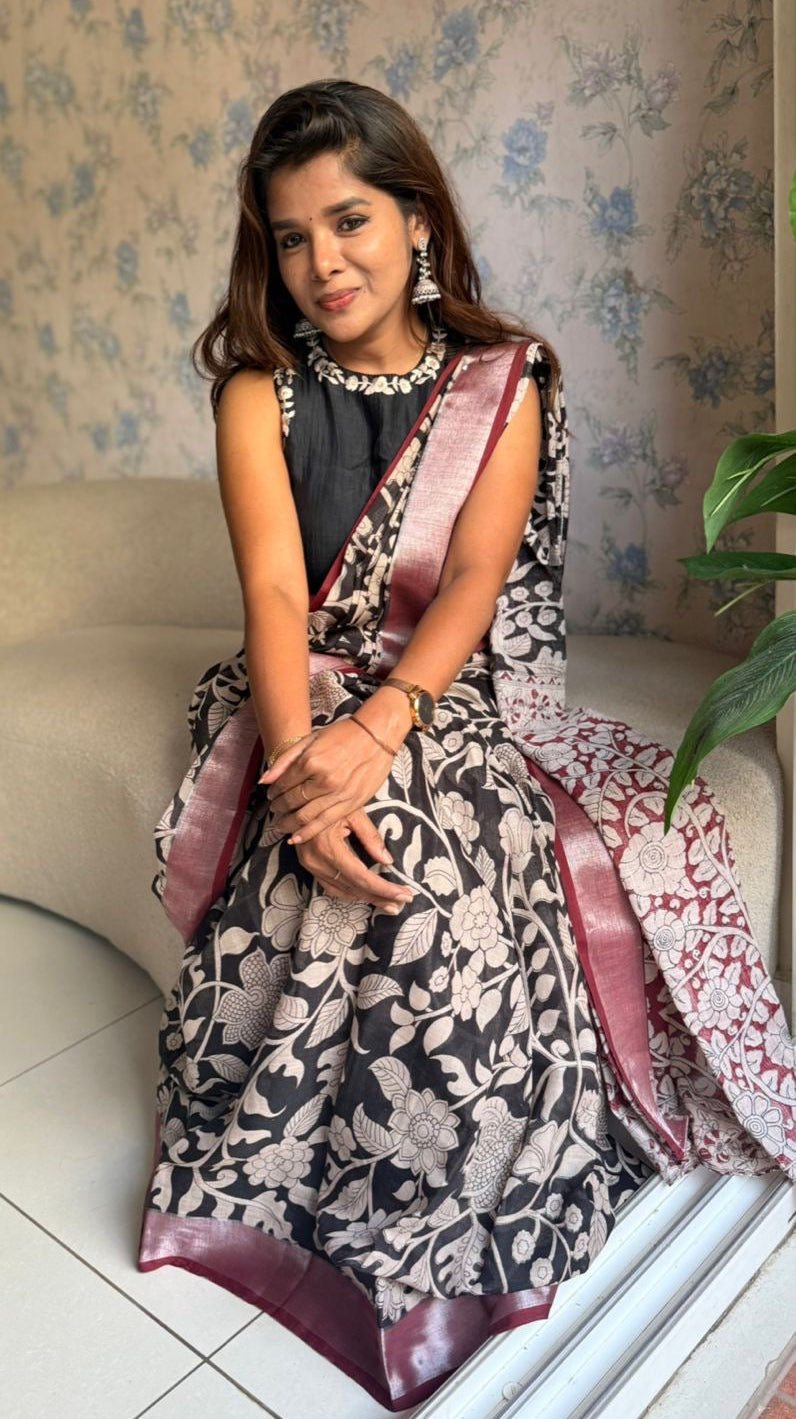 Black linen cotton kalamkari saree with embroidery blouse