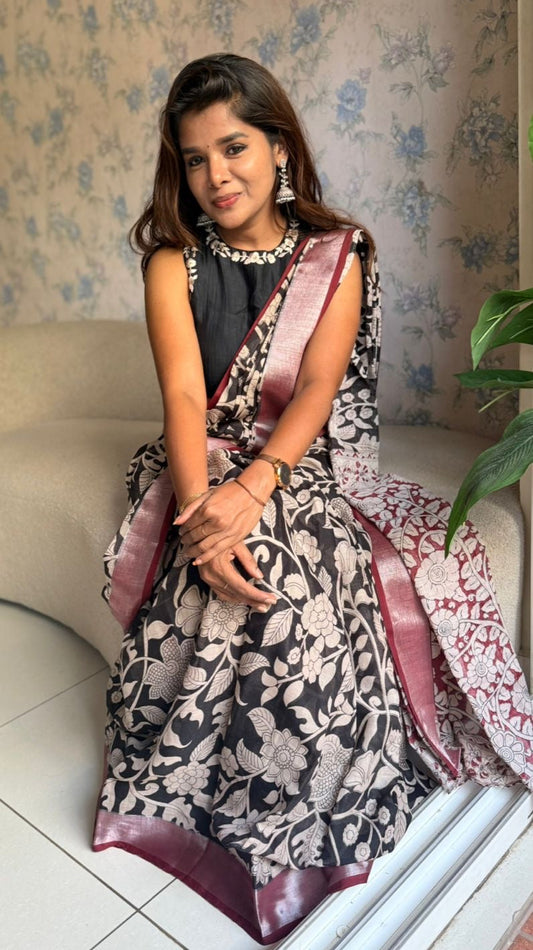 Black linen cotton kalamkari saree with embroidery blouse