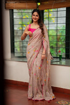 Brown checked mul cotton saree with hand work blouse