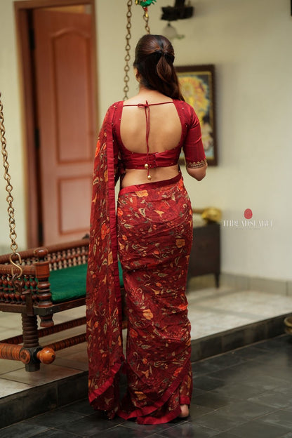 Maroon chiffon floral saree with hand work blouse