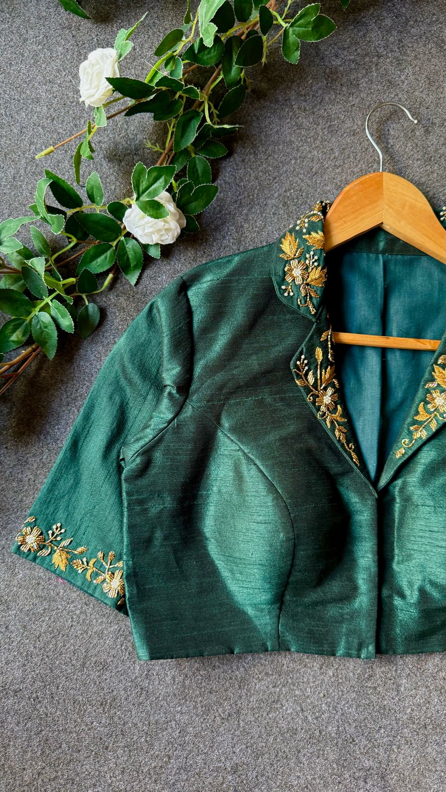 Green silk collar hand worked blouse