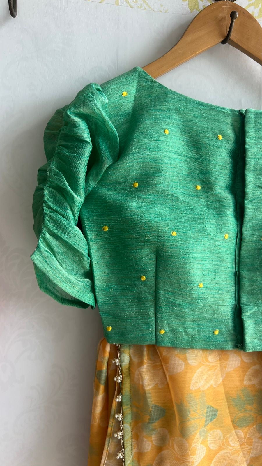 Green tissue floral hand work blouse (only blouse)